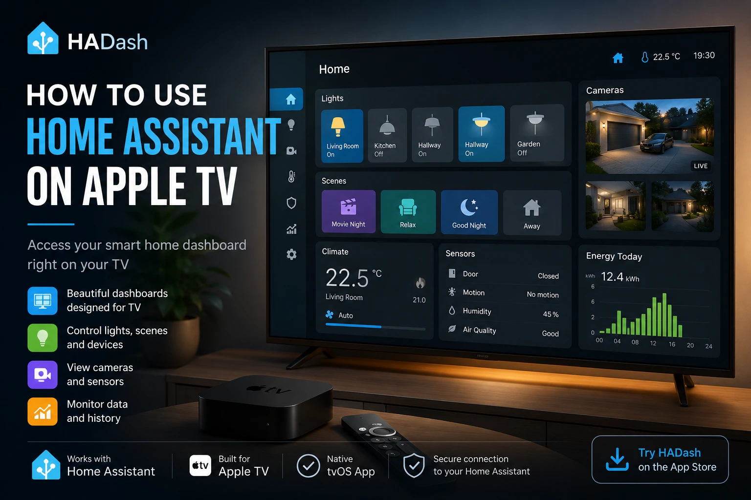 Home Assistant dashboard running on Apple TV with live smart home controls.