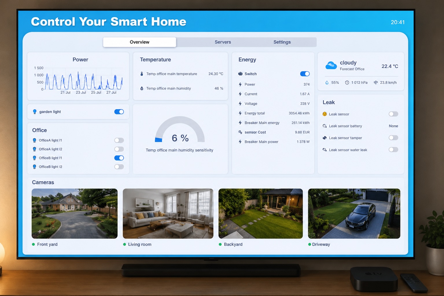 HADash displaying a real Home Assistant dashboard on Apple TV