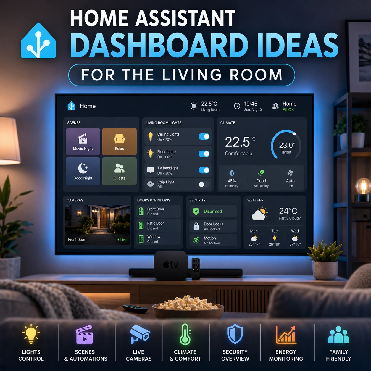 A living-room Home Assistant dashboard