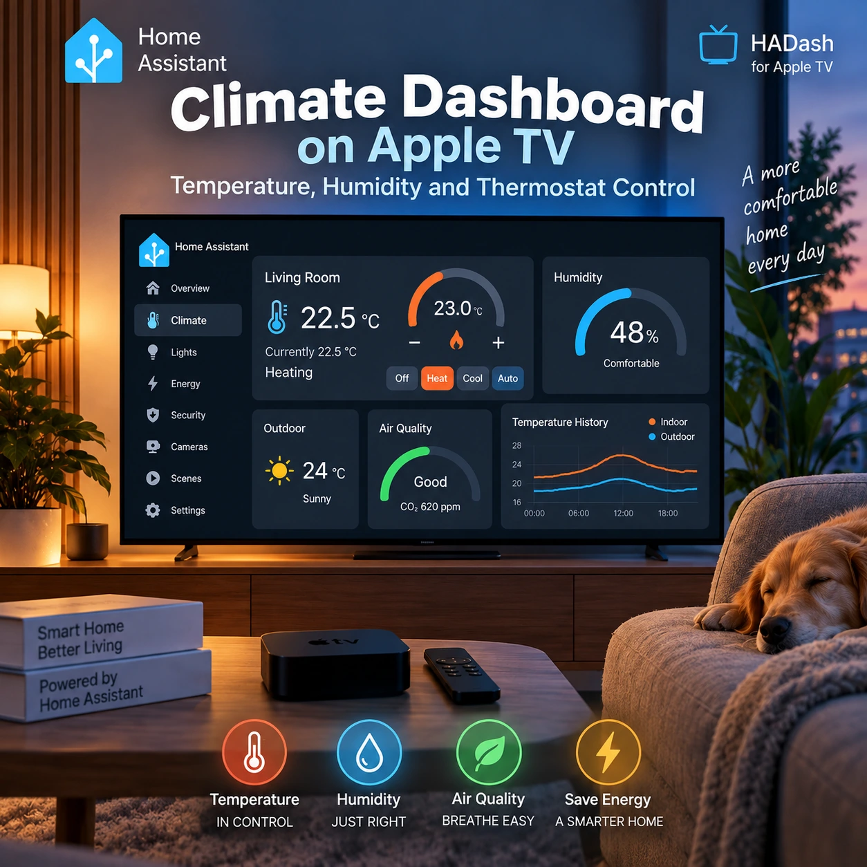 Home Assistant climate dashboard on Apple TV showing temperature, humidity, thermostat control, air quality, outdoor weather, and temperature history with HADash.