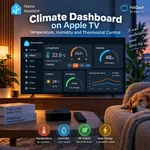 Home Assistant climate dashboard on Apple TV showing temperature, humidity, thermostat control, air quality, outdoor weather, and temperature history with HADash.