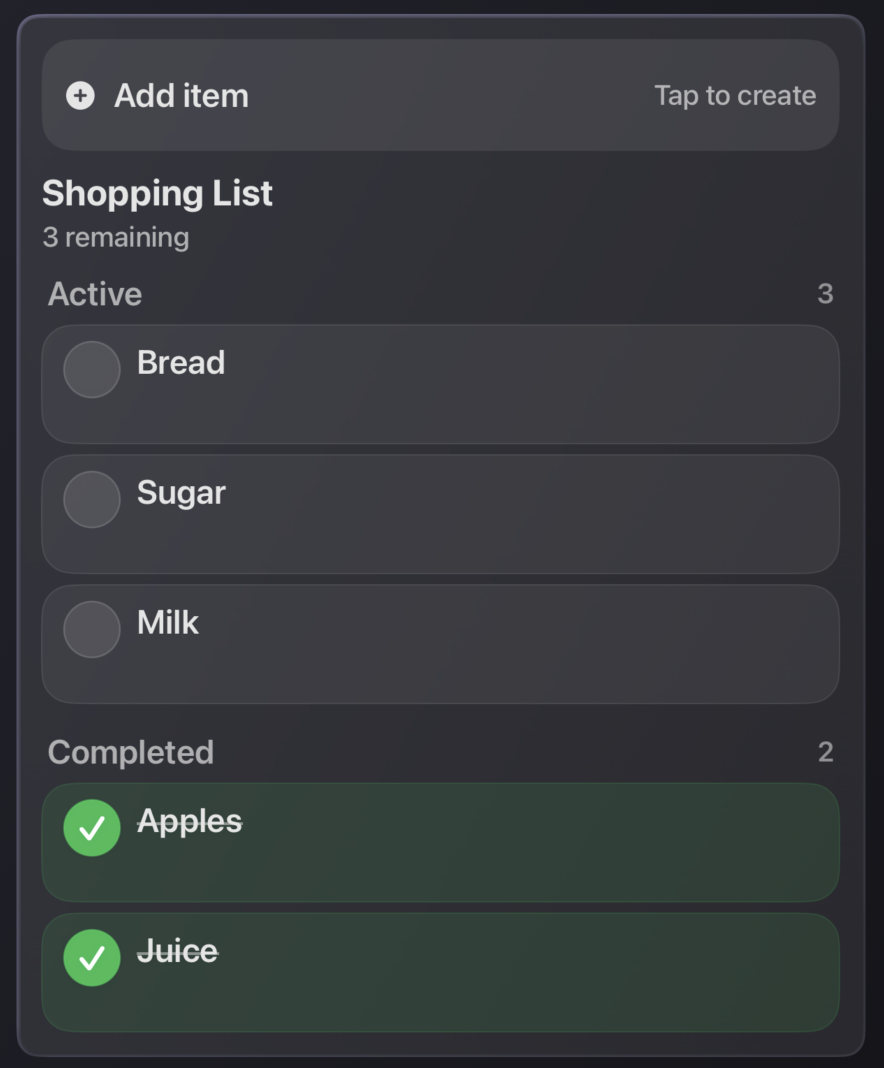 The Shopping List card in HADash 1.11, showing three active items and two completed items.