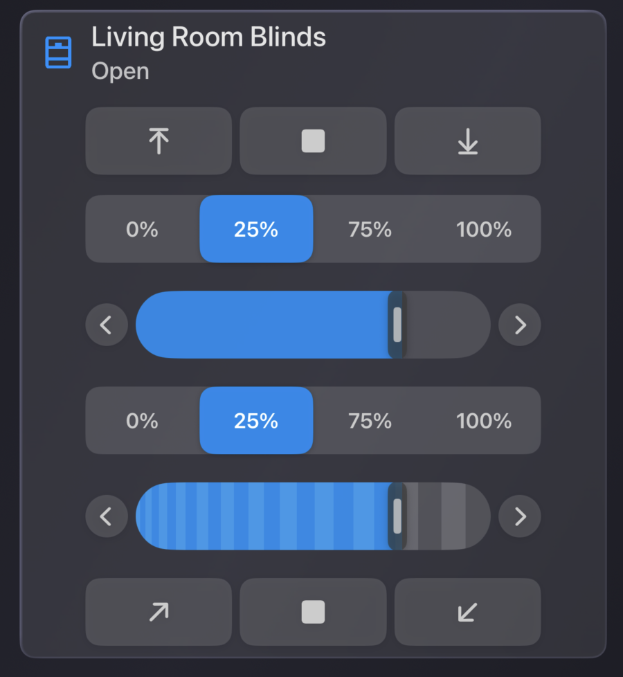 Expanded blinds controls in HADash 1.11, including directional actions, position presets, a position slider and tilt controls.