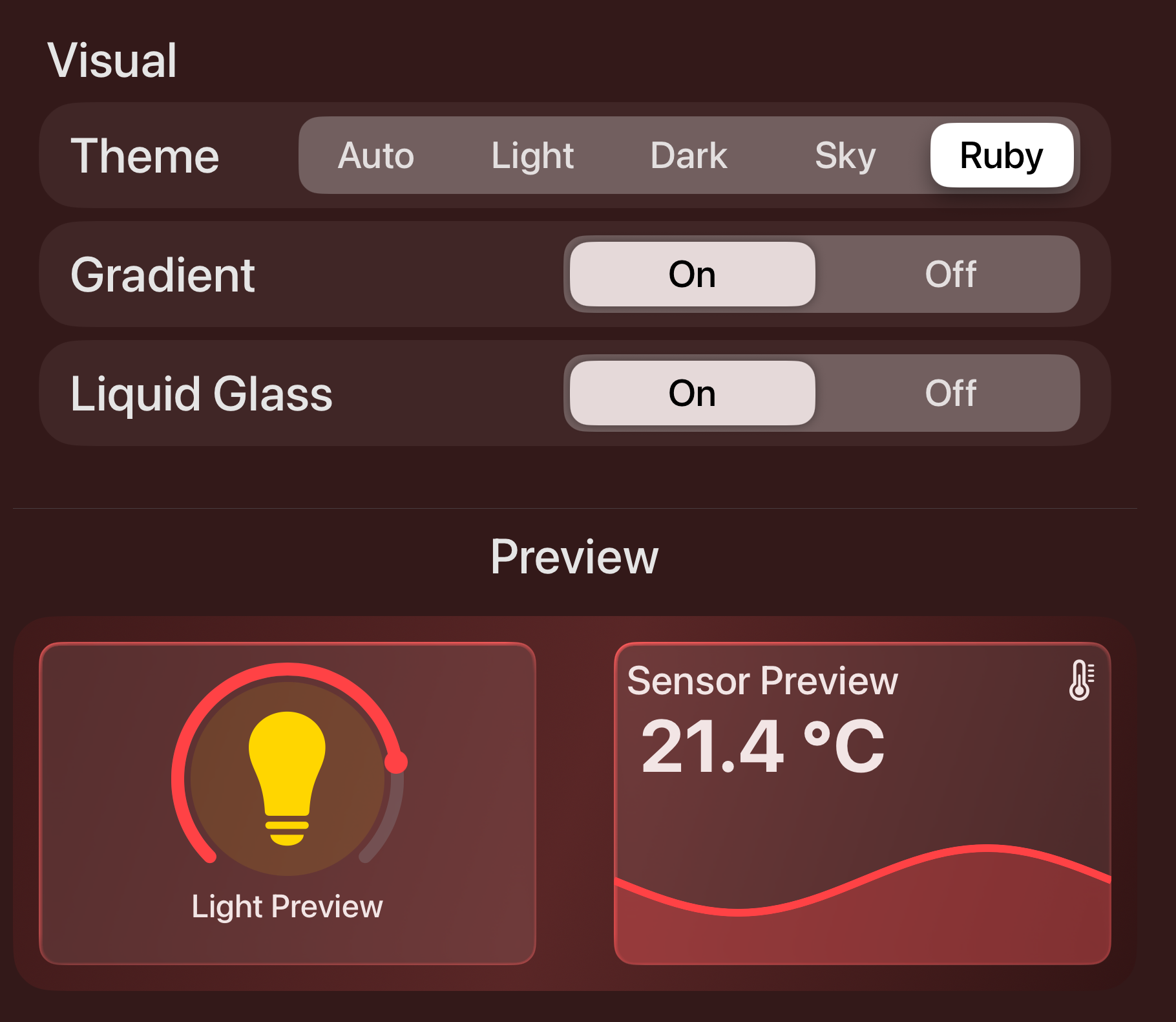 HADash 1.11 visual settings with Ruby selected, Gradient and Liquid Glass enabled, and light and sensor previews.