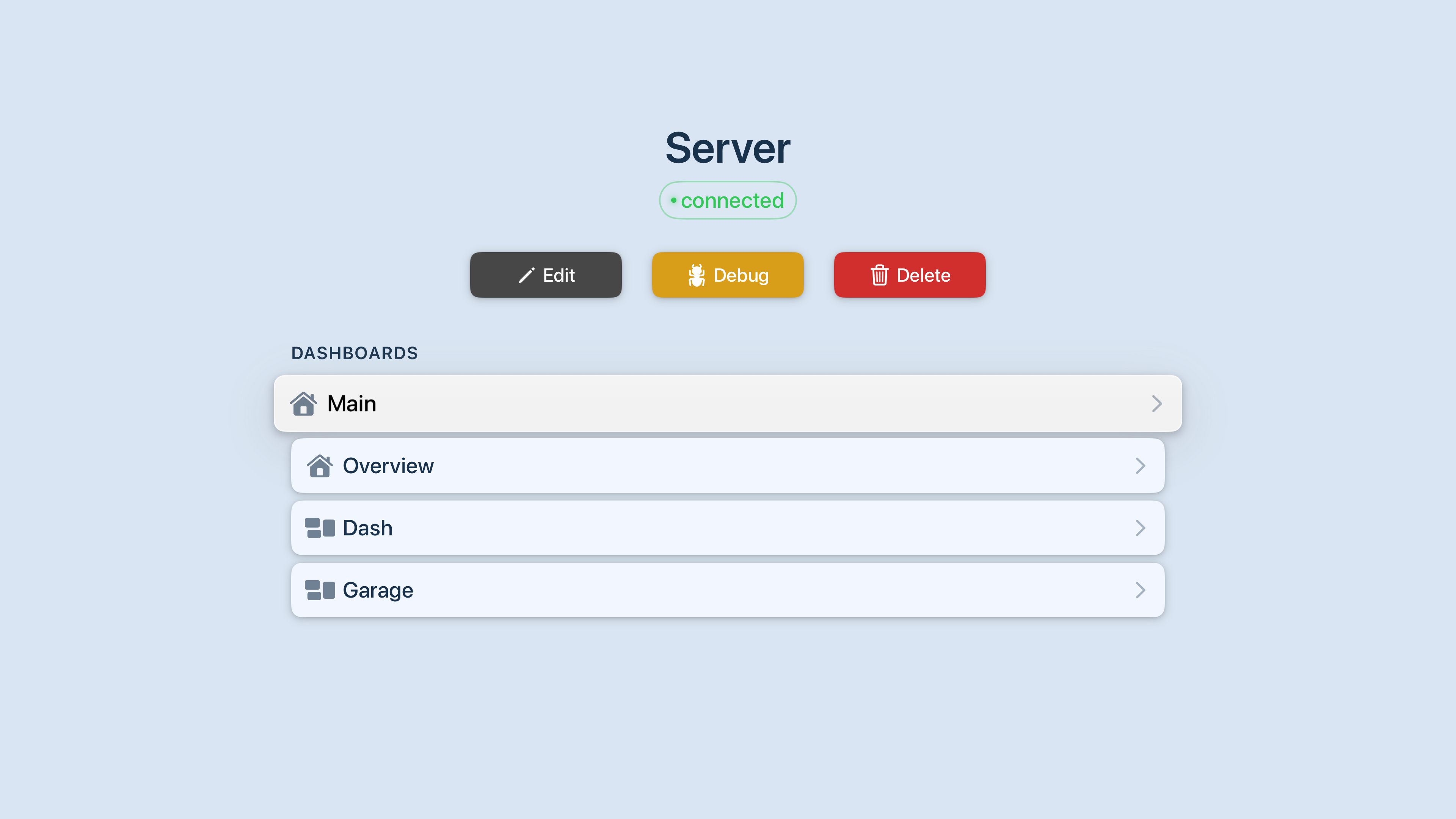 The redesigned server screen in HADash 1.11, showing connected status, management options and the available Home Assistant dashboards.