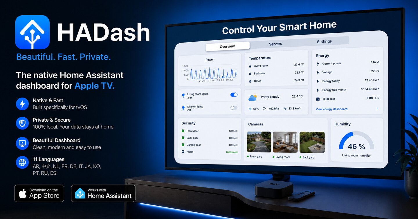 HADash displaying a Home Assistant dashboard on Apple TV